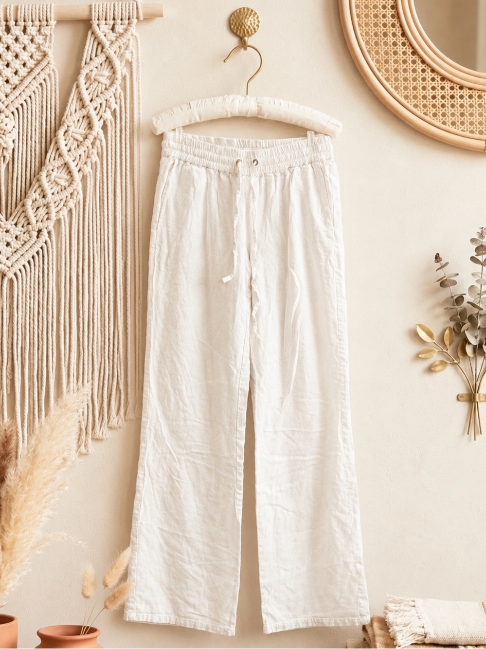 Forever 21 Cream/White Wide-Leg Drawstring Pants